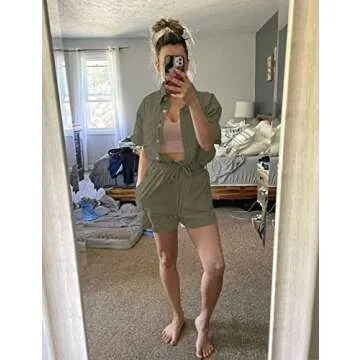 SeekMe Linen Short Sets for Women Short Sleeve Top Shorts 2 Piece Summer Beach Vacation Outfits Lounge Tracksuits(1717-ArmyGreen-M-FY)