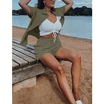 SeekMe Linen Short Sets for Women Short Sleeve Top Shorts 2 Piece Summer Beach Vacation Outfits Lounge Tracksuits(1717-ArmyGreen-M-FY)
