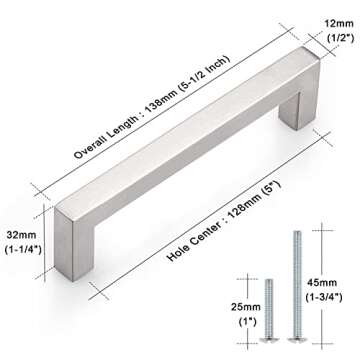 Probrico 50 Pack Stainless Steel Kitchen Modern Cabinet Square Handles Brushed Nickel 5 inch Center to Center 5.5 inch Total Length