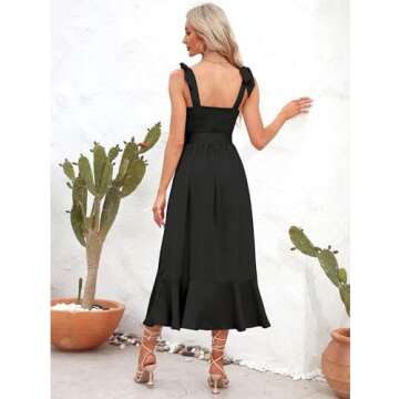 Zelolica Women's 2024 Square Neck Ruffle Split Summer Formal Elegant Bridesmaid Midi Dress for Wedding Guest Evening Cocktail Party - Black L