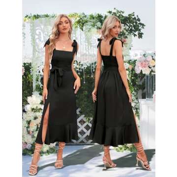 Zelolica Women's 2024 Square Neck Ruffle Split Summer Formal Elegant Bridesmaid Midi Dress for Wedding Guest Evening Cocktail Party - Black L