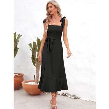 Zelolica Women's 2024 Square Neck Ruffle Split Summer Formal Elegant Bridesmaid Midi Dress for Wedding Guest Evening Cocktail Party - Black L