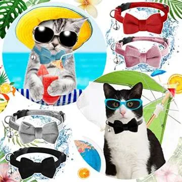 4 Pieces Cat Bow Tie Collar with Bell Breakaway Cat Comfortable Velvet with Cute Safety Pet Collar for Pet Kitten Puppy(Small,Black, Red, Gray, Pink)