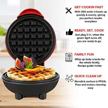 Marzi products Mini Waffle Maker for Individual Waffles, Hash Browns, desserts & Other on the Go Breakfast, Lunch, or Snacks, Perfect for keto lovers | Easy to Clean, Non-Stick Plates, Red