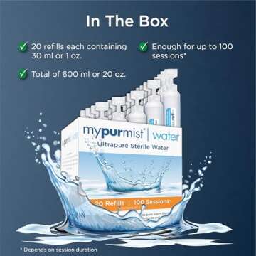 Mypurmist Ultrapure Sterile Water Refill, Pharmaceutical Grade, for Mypurmist Devices, CPAP, Irrigation, Neti Pot, Steam Inhalers, Double Distilled, 600ml, Pure Therapeutic Mist