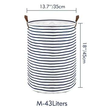 DOKEHOM 17.7-Inches Freestanding Laundry Basket with Lid, Collapsible Large Drawstring Clothes Hamper Storage with Leather Handle (Blue Stripe, M)