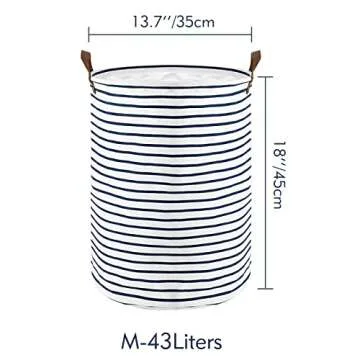 DOKEHOM 17.7-Inches Freestanding Laundry Basket with Lid, Collapsible Large Drawstring Clothes Hamper Storage with Leather Handle (Blue Stripe, M)