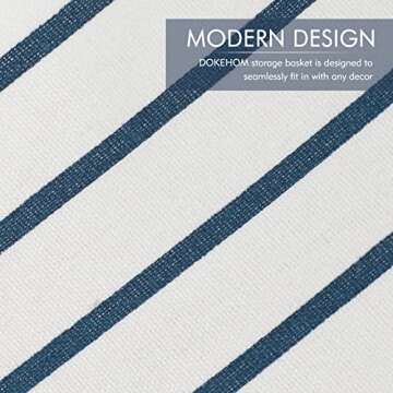 DOKEHOM 17.7-Inches Freestanding Laundry Basket with Lid, Collapsible Large Drawstring Clothes Hamper Storage with Leather Handle (Blue Stripe, M)