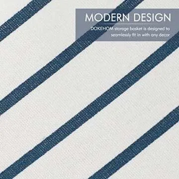 DOKEHOM 17.7-Inches Freestanding Laundry Basket with Lid, Collapsible Large Drawstring Clothes Hamper Storage with Leather Handle (Blue Stripe, M)