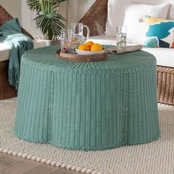 bali & pari Palm Bohemian Scallop Natural Rattan Coffee Table, Seafoam Green