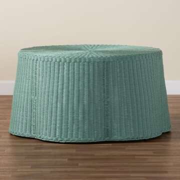 bali & pari Palm Bohemian Scallop Natural Rattan Coffee Table, Seafoam Green