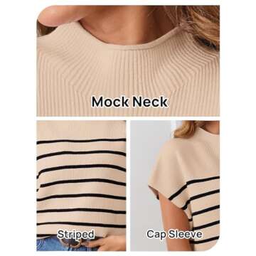 MEROKEETY Women's 2025 Sleeveless Mock Neck Striped Sweater Vest Cap Sleeve Ribbed Knit Pullover Tank Tops, Apricot, Medium