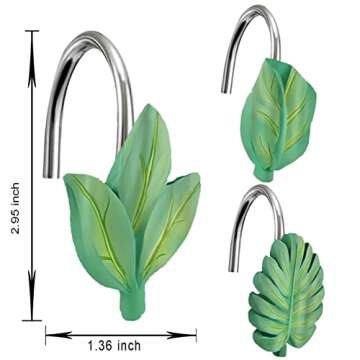 Yuiviot 12pcs Green Leaf Shower Curtain Hooks Rings, Tropical Botanical Theme, Cute Hangers for Bath...