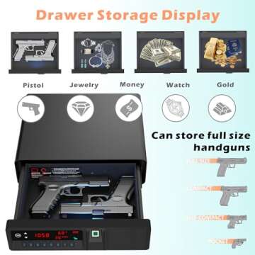 Z ZLJUAN Slide-Away Pistol Handgun Safe, Quick Access Gun Safe with LCD Display of Temp,Humidity,Time,Low Battery Warning,Unlock State,Drawer Safe for Nightstand Bedside Home (Upgraded Version)