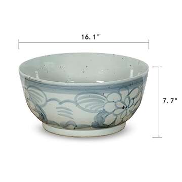 Artissance 16 in W Round Blue and White Porcelain Ming Ming Bowl with Flower Motif
