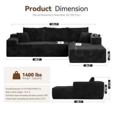 CAODOC 104" Cloud Sectional Couch with Comfy Chaise, Boneless L Shape Sofa with Deep Seat, Minimalis...