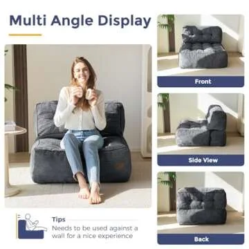 MAXYOYO Floor Sofa Bean Bag Sofa Couch, Comfy Floor Sofa Couch with Back Support, Portable Sofa Couch Bean Bag with Filling, Corded Sofa Seating for Living Room Bedroom Apartment, Dark Grey