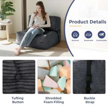 MAXYOYO Floor Sofa Bean Bag Sofa Couch, Comfy Floor Sofa Couch with Back Support, Portable Sofa Couch Bean Bag with Filling, Corded Sofa Seating for Living Room Bedroom Apartment, Dark Grey