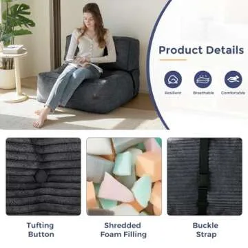 MAXYOYO Floor Sofa Bean Bag Sofa Couch, Comfy Floor Sofa Couch with Back Support, Portable Sofa Couch Bean Bag with Filling, Corded Sofa Seating for Living Room Bedroom Apartment, Dark Grey