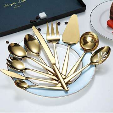 Berglander Gold Serving Utensils 10 Pieces, Titanium Golden Plating Serving Spoons, Included Cake Knife Cake Server Serving Forks Sugar Spoon Salad Spoon Forks Butter Knife Gravy Ladle ect.