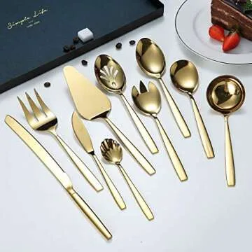 Berglander Gold Serving Utensils 10 Pieces, Titanium Golden Plating Serving Spoons, Included Cake Knife Cake Server Serving Forks Sugar Spoon Salad Spoon Forks Butter Knife Gravy Ladle ect.