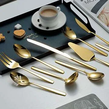 Berglander Gold Serving Utensils 10 Pieces, Titanium Golden Plating Serving Spoons, Included Cake Knife Cake Server Serving Forks Sugar Spoon Salad Spoon Forks Butter Knife Gravy Ladle ect.