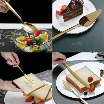 Berglander Gold Serving Utensils 10 Pieces, Titanium Golden Plating Serving Spoons, Included Cake Knife Cake Server Serving Forks Sugar Spoon Salad Spoon Forks Butter Knife Gravy Ladle ect.
