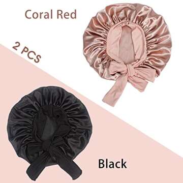 Hanbertti 2 Pack Silk Satin Hair Bonnet Sleeping Hat with Stretch Tie Band Bonnets Silk Bonnet Satin Bonnet Adjustable Bonnet for Curly Hair Sleeping Adult Women Girls（Black+Coral Red）