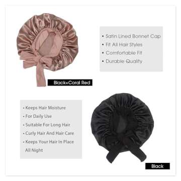 Hanbertti 2 Pack Silk Satin Hair Bonnet Sleeping Hat with Stretch Tie Band Bonnets Silk Bonnet Satin Bonnet Adjustable Bonnet for Curly Hair Sleeping Adult Women Girls（Black+Coral Red）