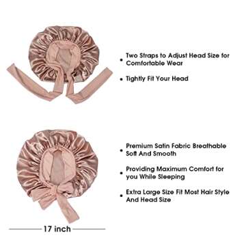 Hanbertti 2 Pack Silk Satin Hair Bonnet Sleeping Hat with Stretch Tie Band Bonnets Silk Bonnet Satin Bonnet Adjustable Bonnet for Curly Hair Sleeping Adult Women Girls（Black+Coral Red）