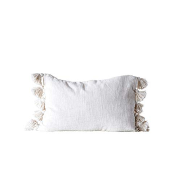 Cream Cotton Woven Slub Pillow with Plush Tassels - Durable & Stylish