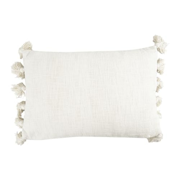 Cream Cotton Woven Slub Pillow with Plush Tassels - Durable & Stylish