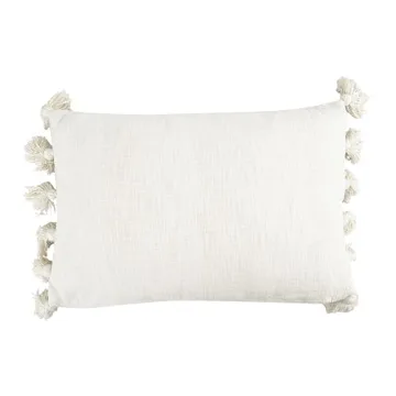 Cream Cotton Woven Slub Pillow with Plush Tassels - Durable & Stylish