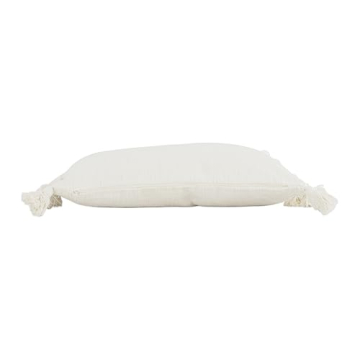 Cream Cotton Woven Slub Pillow with Plush Tassels - Durable & Stylish