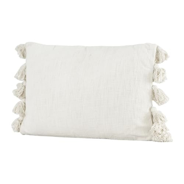 Cream Cotton Woven Slub Pillow with Plush Tassels - Durable & Stylish