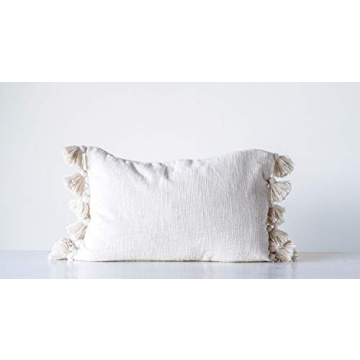 Cream Cotton Woven Slub Pillow with Plush Tassels - Durable & Stylish