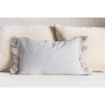 Cream Cotton Woven Slub Pillow with Plush Tassels - Durable & Stylish