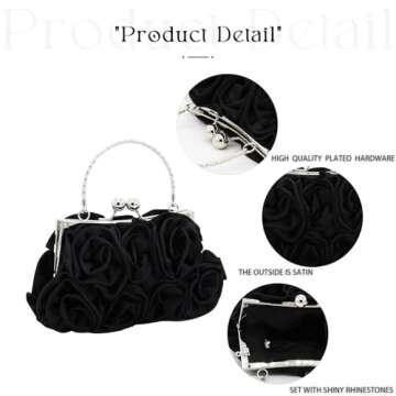 JAMBHALA Women Evening Clutch Bag Dressy Floral Satin Small Purses with Detachable Strap for Party, Prom, Formal,Black
