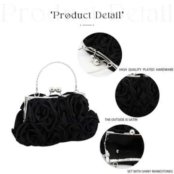 JAMBHALA Women Evening Clutch Bag Dressy Floral Satin Small Purses with Detachable Strap for Party, Prom, Formal,Black