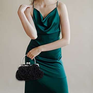 JAMBHALA Women Evening Clutch Bag Dressy Floral Satin Small Purses with Detachable Strap for Party, Prom, Formal,Black