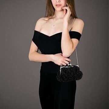 JAMBHALA Women Evening Clutch Bag Dressy Floral Satin Small Purses with Detachable Strap for Party, Prom, Formal,Black