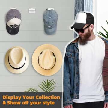 KOVSPO 10 PCS Hat Hooks for Wall, Adhesive Hat Rack, Hat Organizer for Baseball Caps, No Drilling Ha...