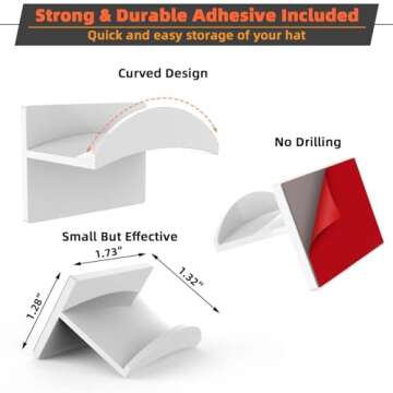 KOVSPO 10 PCS Hat Hooks for Wall, Adhesive Hat Rack, Hat Organizer for Baseball Caps, No Drilling Hat Holder, Strong Hat Hanger to Display for Door, Closet, Office, Bedroom (White)