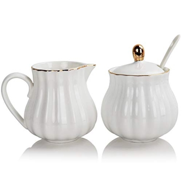 Sweejar Royal Ceramic Sugar and Creamer Set, 3 Piece Set with Cream Pitcher, Sugar Bowl, Sugar Set with Lid & Spoon, Coffee Serving Set Wedding Gift(White)