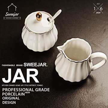 Sweejar Royal Ceramic Sugar and Creamer Set, 3 Piece Set with Cream Pitcher, Sugar Bowl, Sugar Set with Lid & Spoon, Coffee Serving Set Wedding Gift(White)