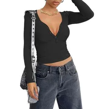 REORIA Women Sexy Long Sleeve Henley T-Shirts V Neck Button up Casual Basic Vintage Y2K Slim Fitted ...