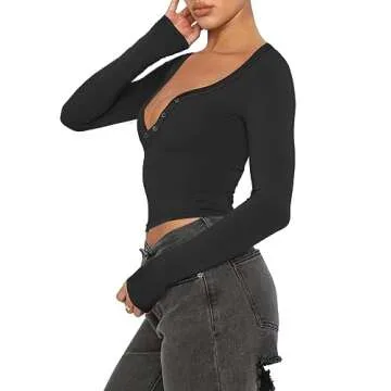 REORIA Women Sexy Long Sleeve Henley T-Shirt for Fall