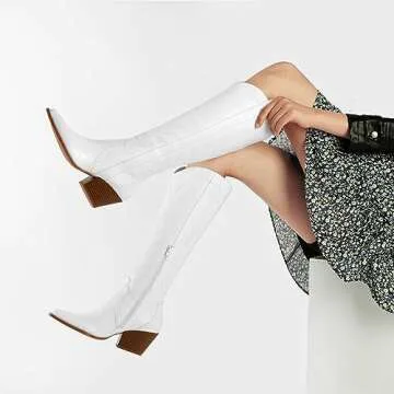 Susanny Knee High Cowboy Boots for Women Embroidered Western White Cowgirl Boots for Womens Chunky H...