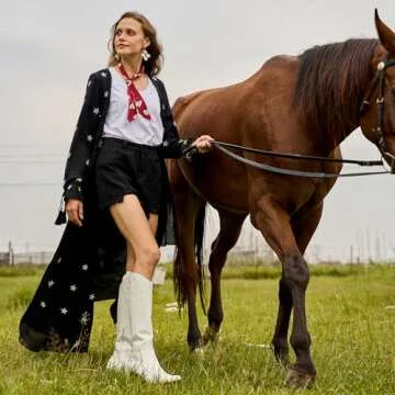 Susanny Knee High Cowboy Boots for Women Embroidered Western White Cowgirl Boots for Womens Chunky Heel Pull on Pointed Toe Mid Low Heel Boots 8.5