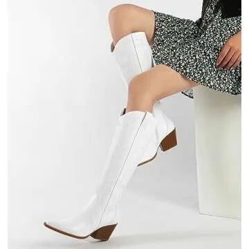 Susanny Knee High Cowboy Boots for Women Embroidered Western White Cowgirl Boots for Womens Chunky Heel Pull on Pointed Toe Mid Low Heel Boots 8.5